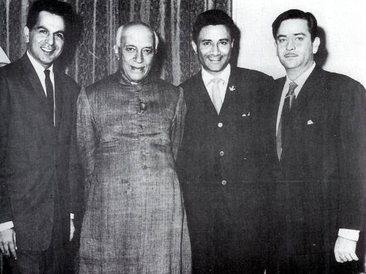 Raj Kapoor, Dilip Kumar and Dev Anand with Prime Minister Jawaharlal Nehru. Undated picture clicked during the 1950s